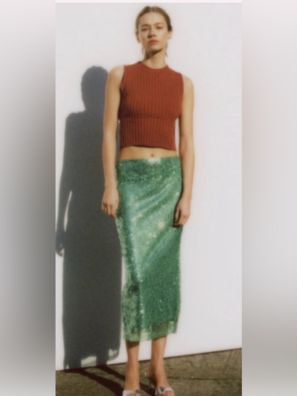 ZARA Sea-foam Green Sequin Pencil Midi Skirt